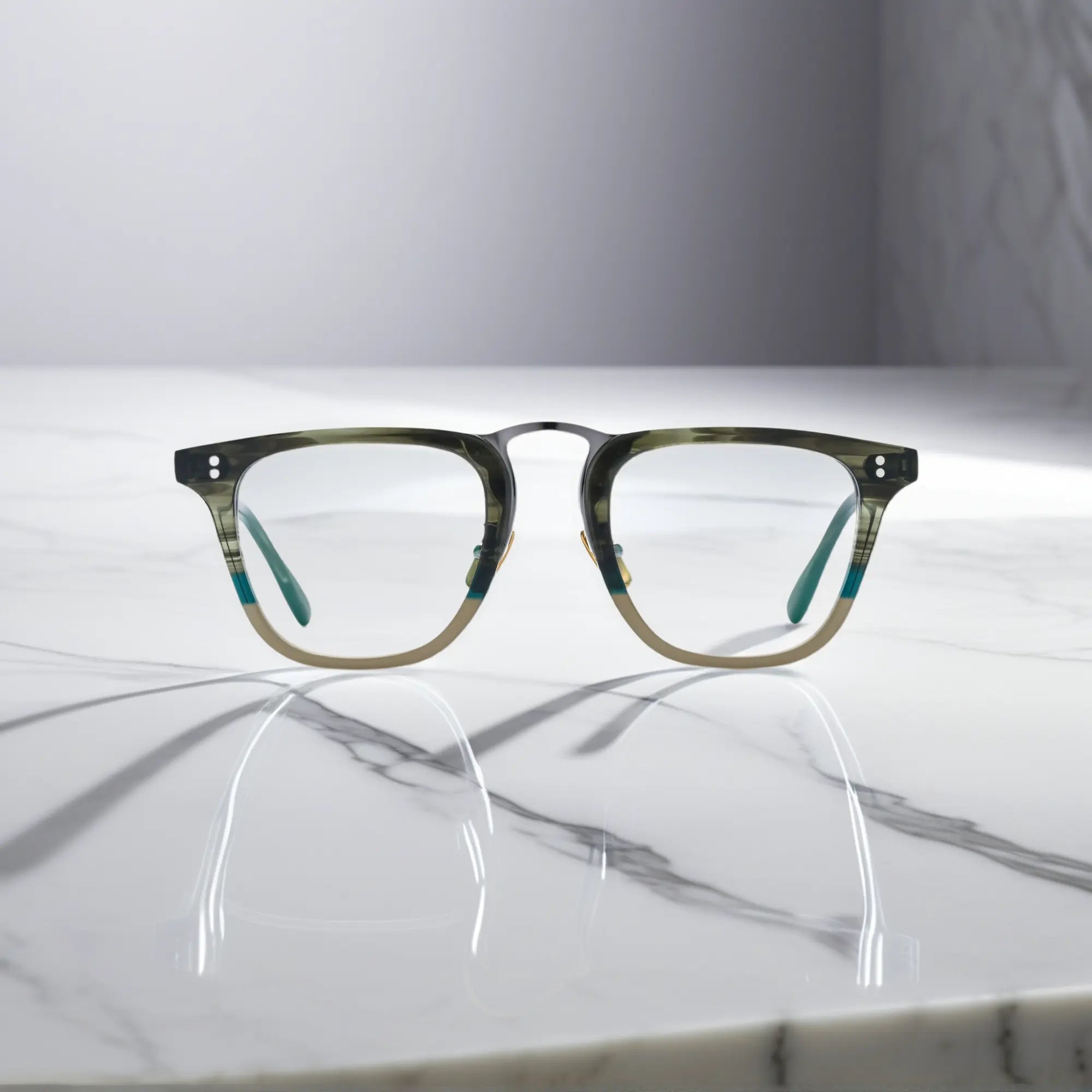 Front perspective of VoyueLens™ VL19214 olive striped acetate square eyeglasses with earthy tones and structured style.